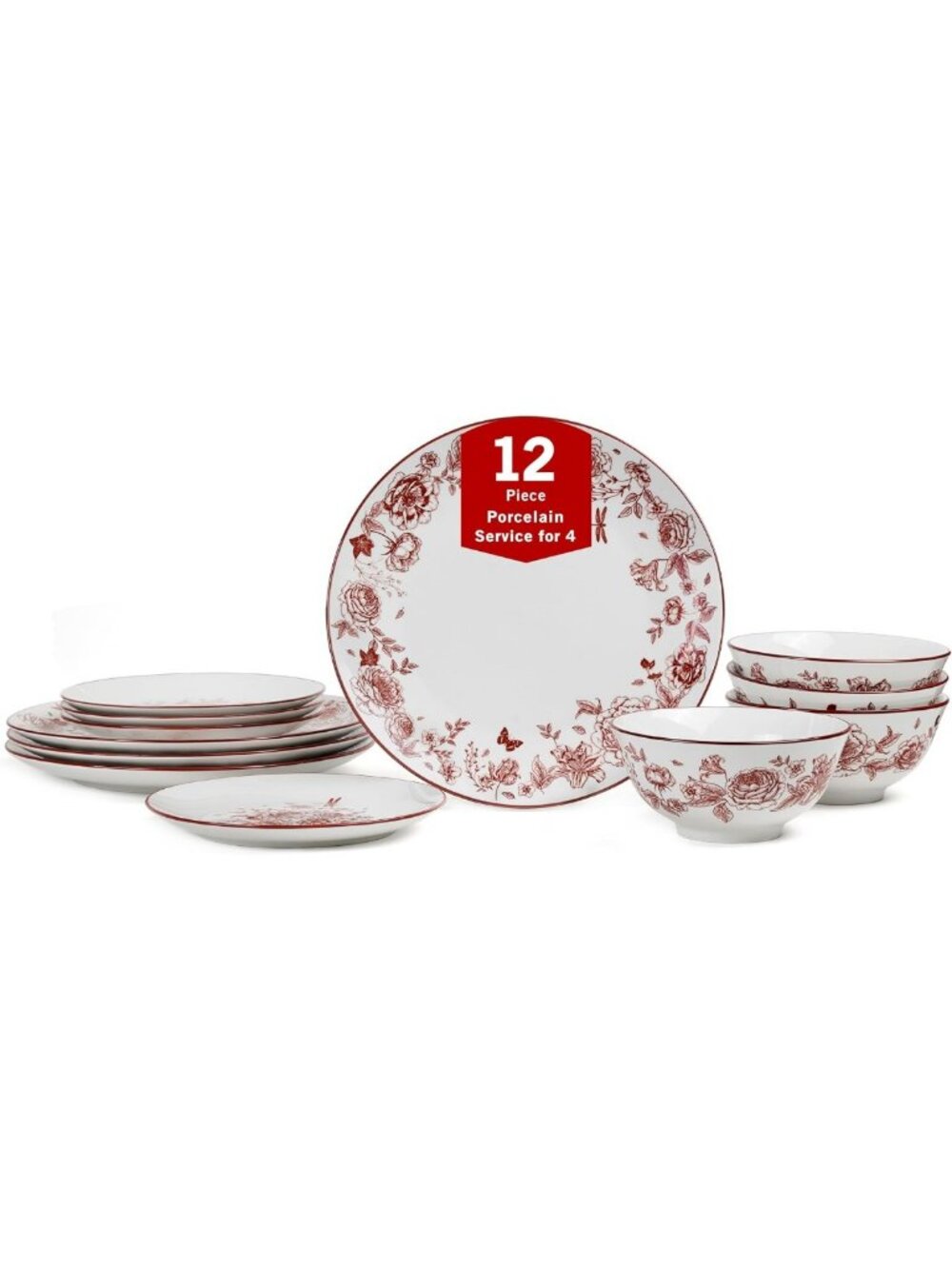 Elegant 12-Piece Red Dinnerware Set, Porcelain Plates & Bowls, Microwave